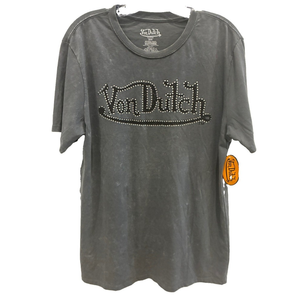 VON DUTCH~Men's M Gray Crew Neck Short Sleeve Rhinestone Logo TShirt NWT
